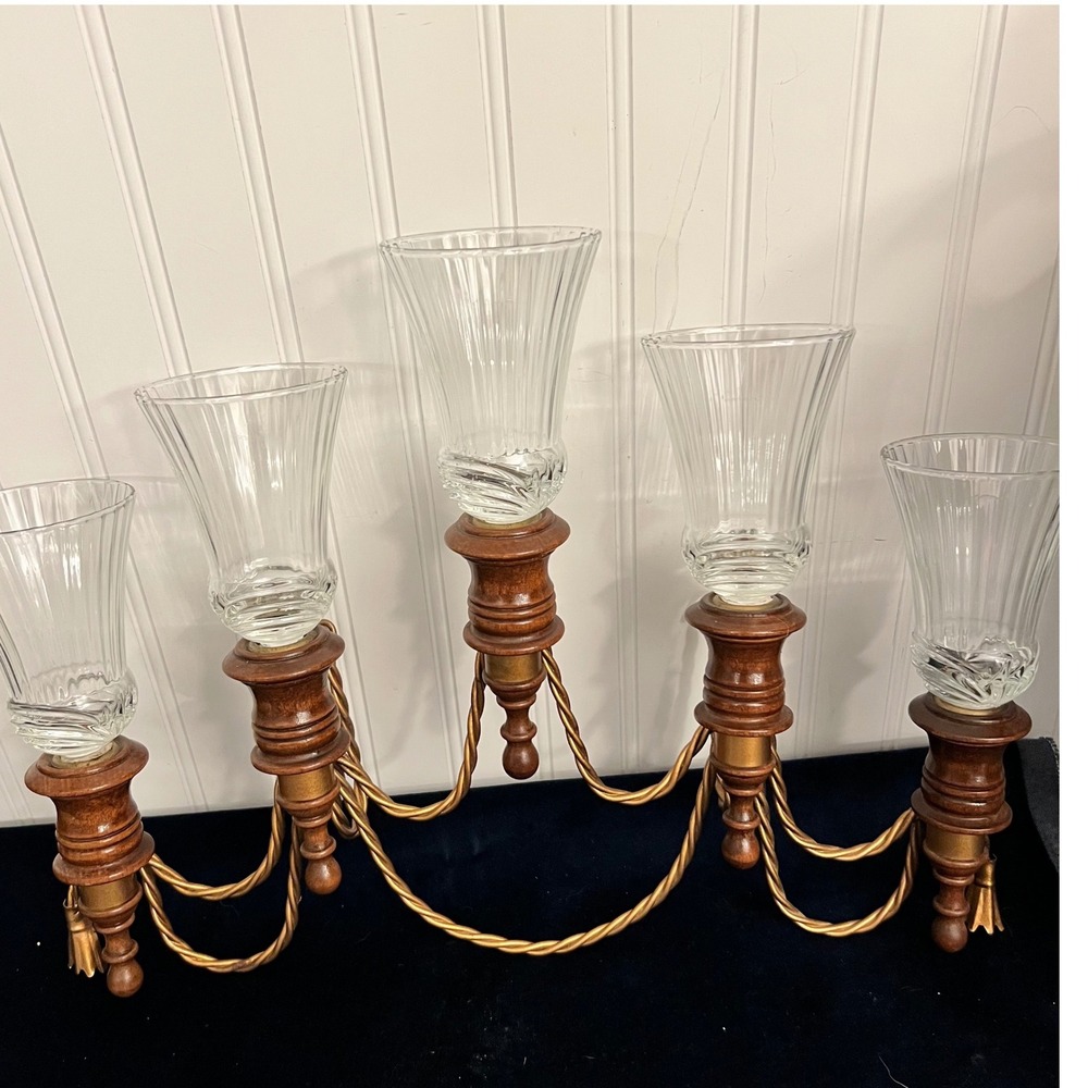 Vintage Mid-Century Five Arm Decorative Wood Brass Glass Candleabra | Cottage